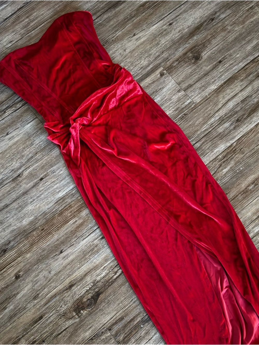 Red Velvet Strapless Twist-Front Gown